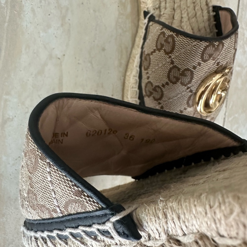Gucci Brown Monogram Espadrille Slide Sandals with Gold Double G - Picture 3 of 8